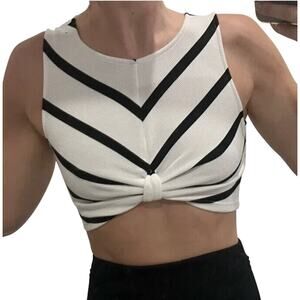 Ezra Black & White Striped Sleeveless V-Neck Crop Gathered Front Knot Back Zip S